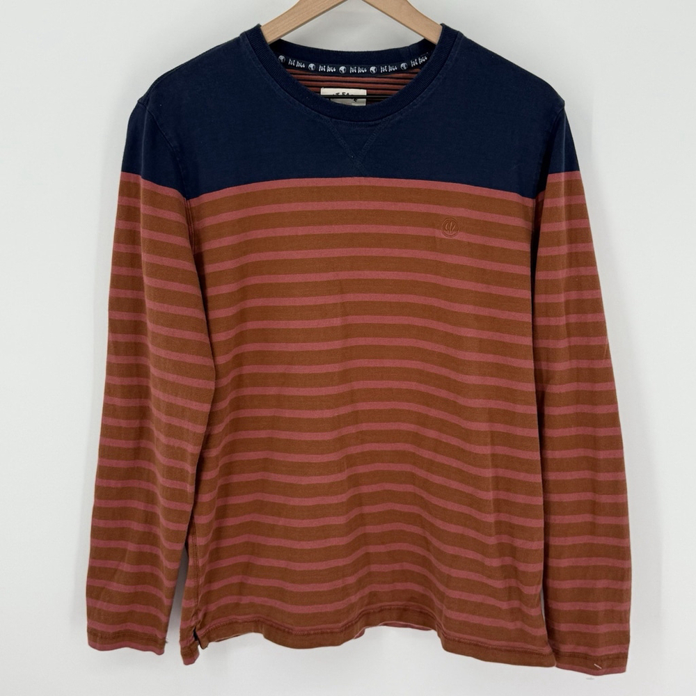 Fat Face Men’s Large Long Sleeve Shirt Navy Orange Pink Striped Casual Preppy